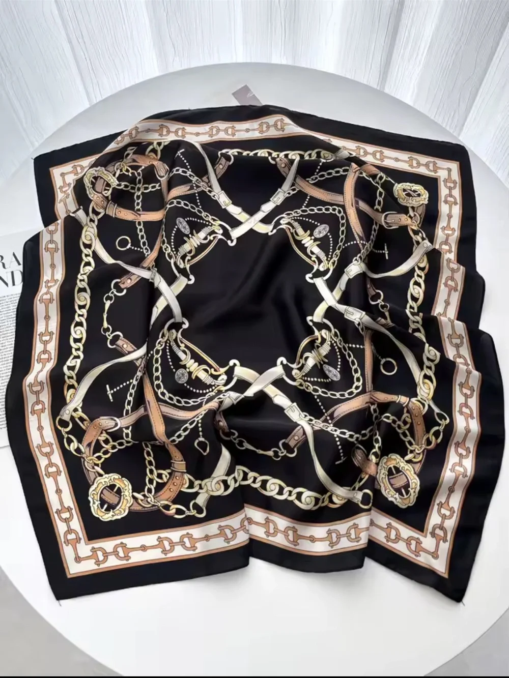 Unbranded Black Chain-Print Silk Square Scarf